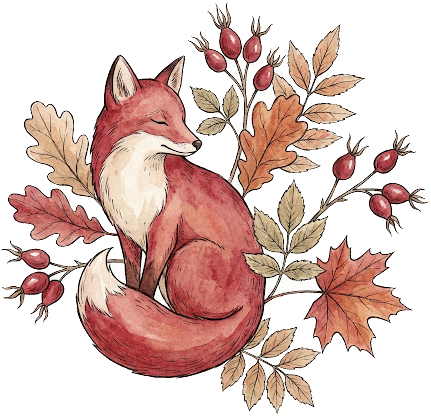 Botanical watercolor red fox with autumn leaves and rosehips